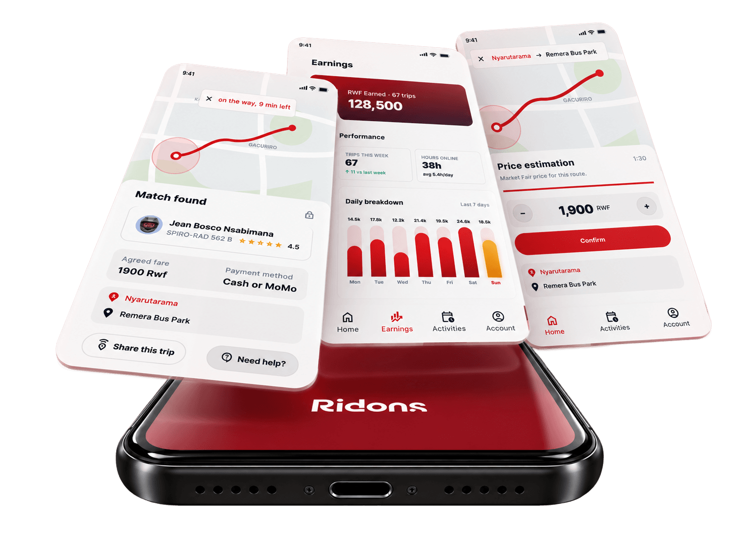 Ridons app screens: a matched motari, weekly earnings and the price estimate